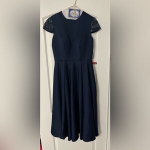 Ieena by Mac Duggal Navy Blue Satin Beaded Tea Length Midi Formal Dress size 6